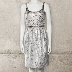 Crystal Embellished Jacquard Cocktail Party Sheath Dress XS Carmen Marc Valvo